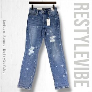 JUDY BLUE Women’s Size 5/27 Denim Jeans NWT Boyfriend Fit Stars Pattern Stretch
